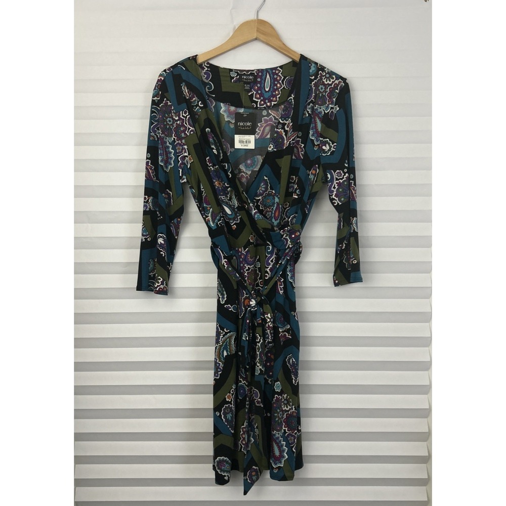 Nicole Miller Womens Dress XL Faux Wrap 3/4 Sleeve Stretch Belt Paisley NEW